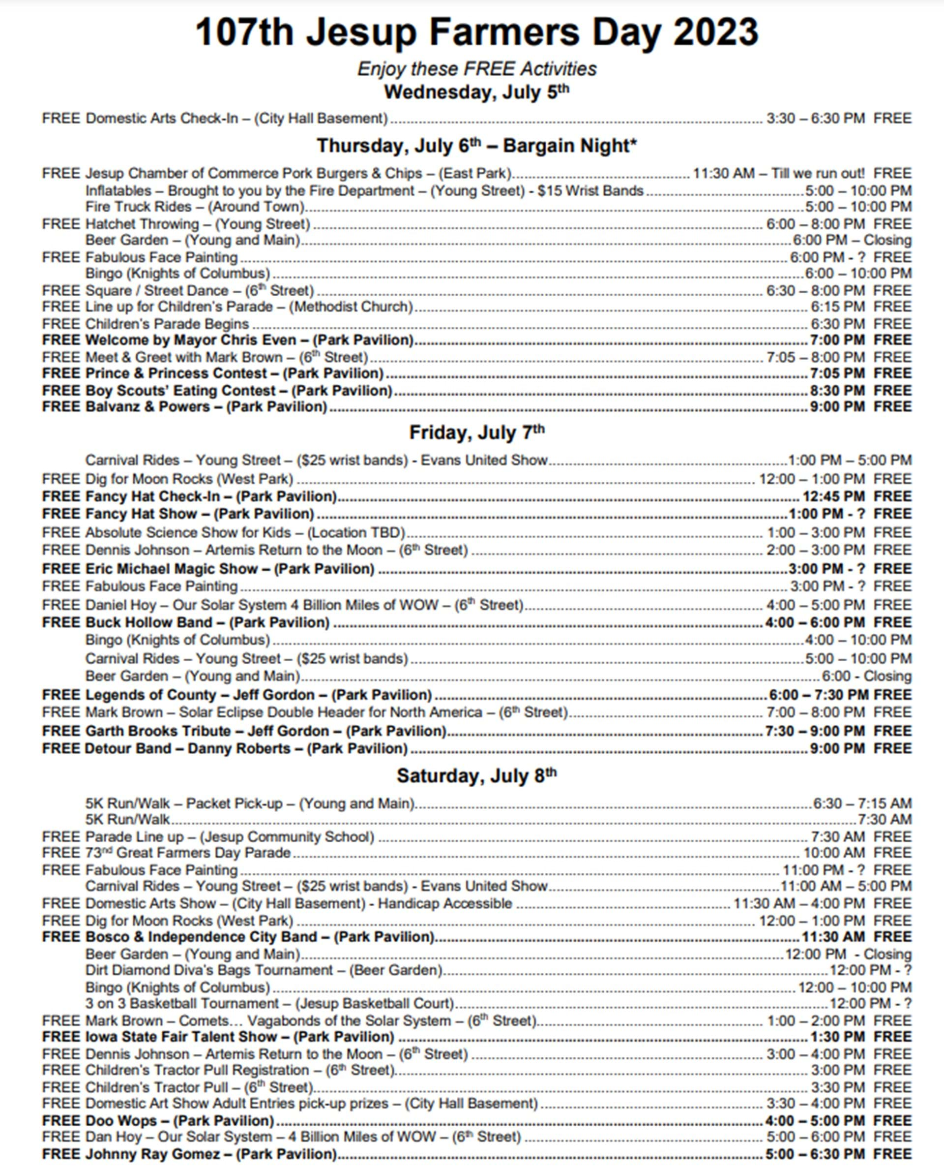 2023 Schedule of Events